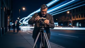 Night scene of a photographer adjusting a classic 35mm film camera on a tripod, with long-exposure light trails in the background.