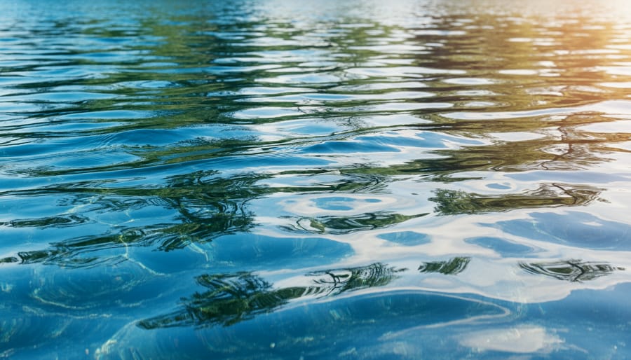 Macro view of rippling water reflecting an overcast sky