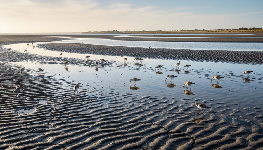 Low-tide mudflats with intricate wet-dry textures and shorebirds foraging in golden light