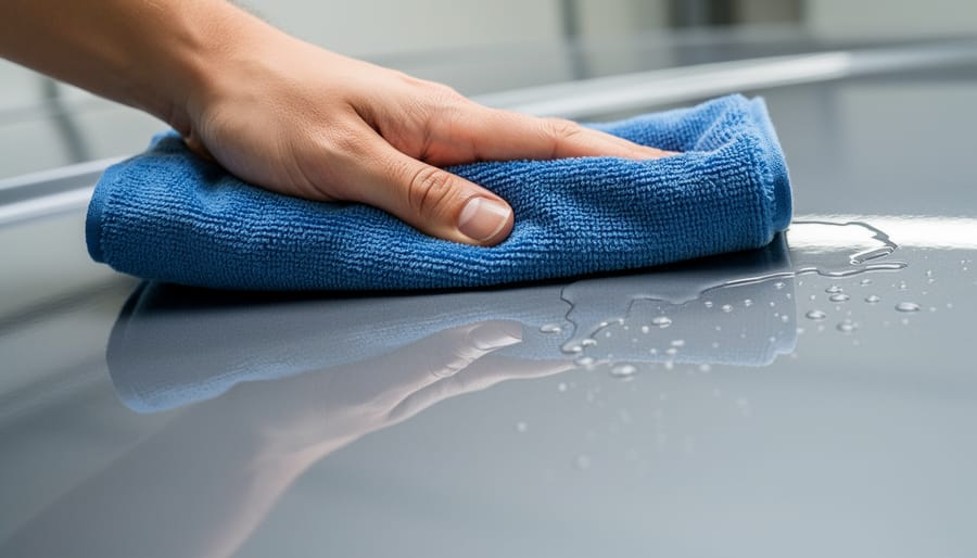 Microfiber towel drying a ceramic-coated car hood with small water beads on the paint.