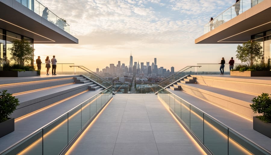 Photographer on a museum terrace overlooking a panoramic city skyline in bright daylight.