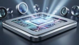 “Close-up of a nanotech camera sensor module inside a sleek compact device, illuminated with soft studio lighting and shallow depth of field.”