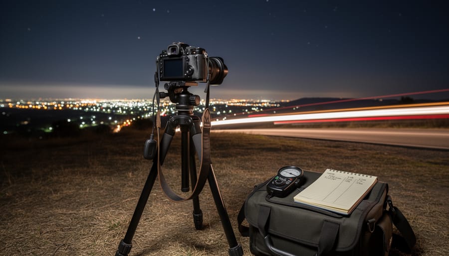 A photographer sets up a large-format camera on a tripod on a pier at night under cool blue moonlight.