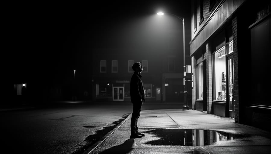 Black and white nighttime environmental portrait of a woman walking on a rain-slick street under streetlights.