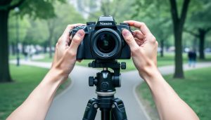 A DSLR camera on a tripod outdoors while a photographer’s hands adjust the camera dials in bright overcast light.