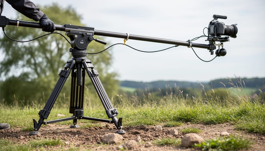 Outdoor tripod jib setup with the counterweight arm and operator hands visible near the carriage