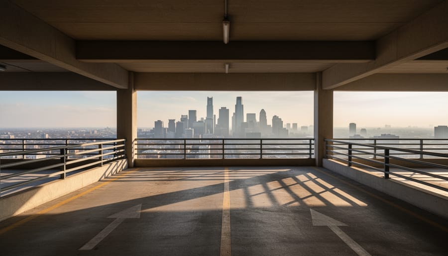 Photographer and empty levels inside an open-air parking garage with a skyline view beyond.