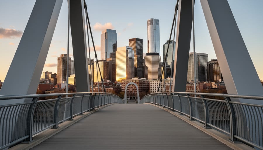 Person walking on a pedestrian bridge with steel framework framing a city skyline during blue hour.