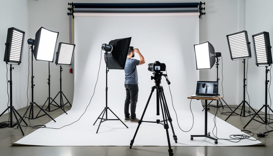 Photographer adjusting an LED light panel with a softbox in a small home studio