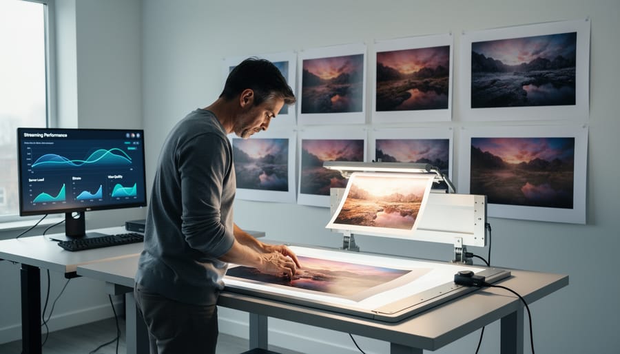 Photographer reviewing a high-quality print on a light table under soft studio lighting