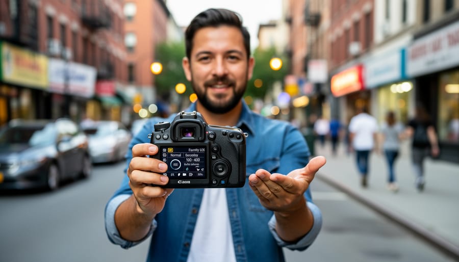 Photographer holding a camera on an urban street under soft overcast light