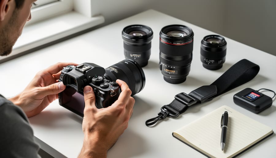 Photographer holding a mirrorless camera with an interchangeable lens while looking through the viewfinder