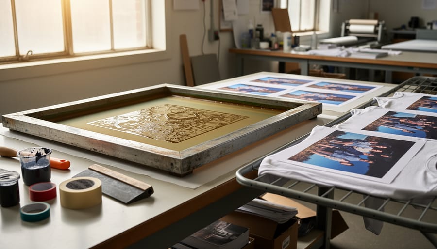 Silkscreen workstation with a prepared emulsion-coated screen, squeegee, and layered prints drying.
