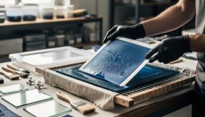 Close-up of gloved hands lifting a wet blue cyanotype print from a drying rack in a photographic printmaking studio.