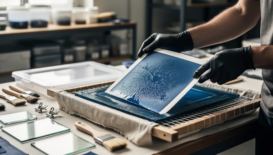 Close-up of gloved hands lifting a wet blue cyanotype print from a drying rack in a photographic printmaking studio.