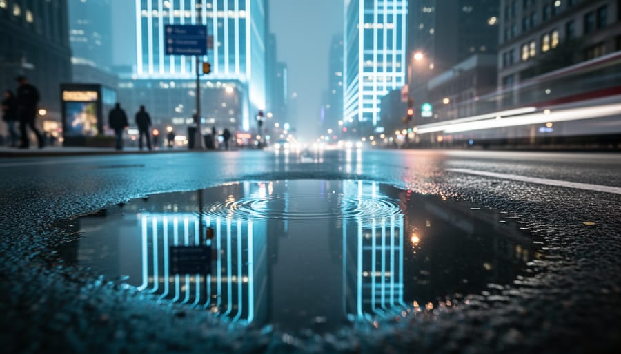 Ground-level view of a rain puddle reflecting illuminated glass skyscrapers on a city street with subtle ripple distortion.