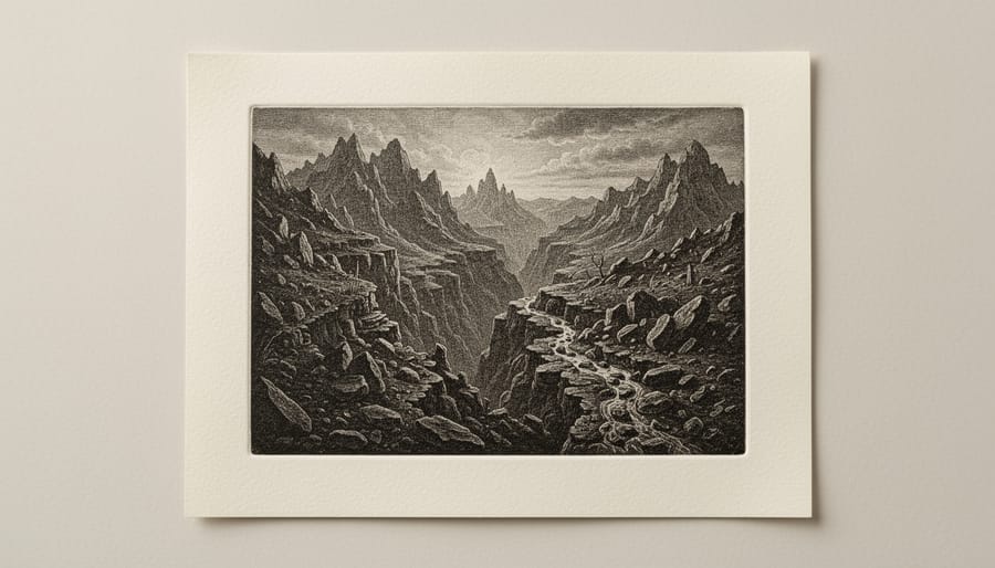 Close-up of a photogravure print with deep tonal range being handled with gloved fingers.