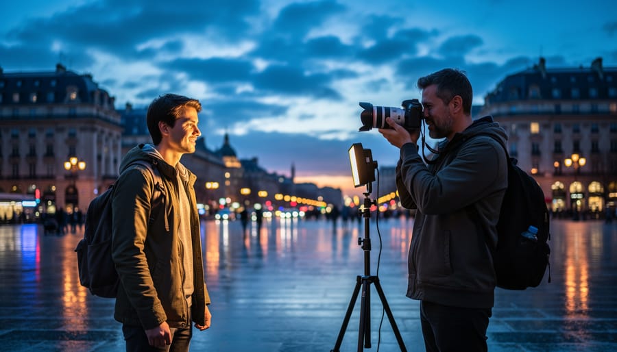 Compact LED panel and speedlight illuminating a traveler portrait at dusk with blue hour city bokeh