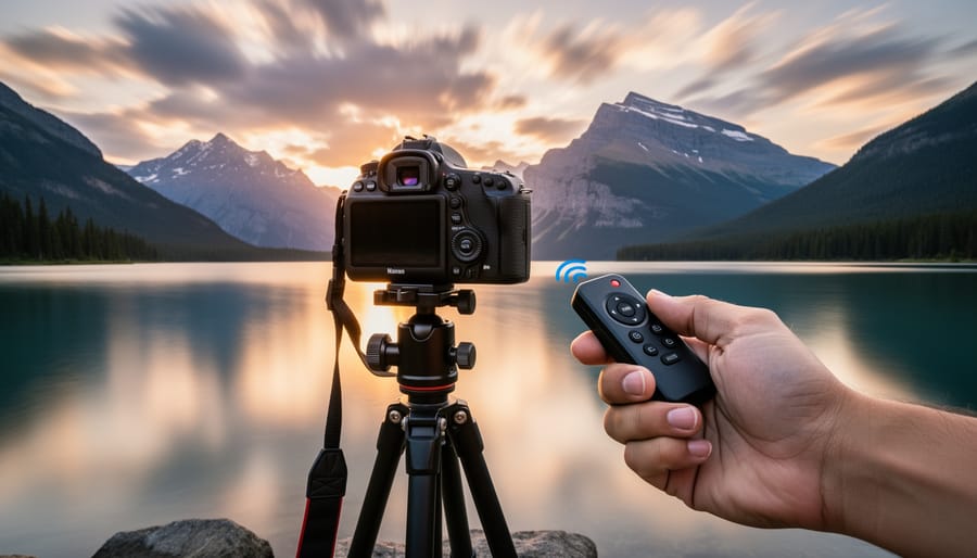 Tripod-mounted camera in a misty landscape with a remote trigger and intervalometer in a photographer’s hand
