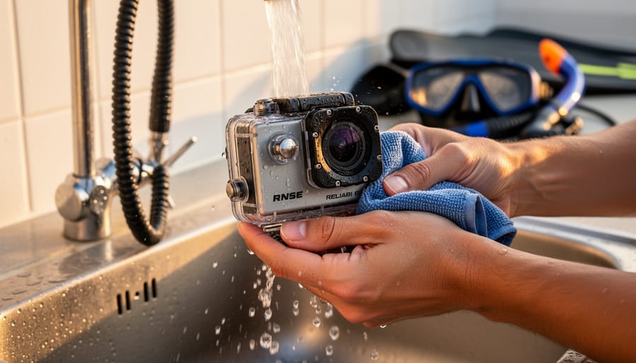 Close-up of a waterproof underwater camera housing being rinsed with seawater in outdoor daylight.