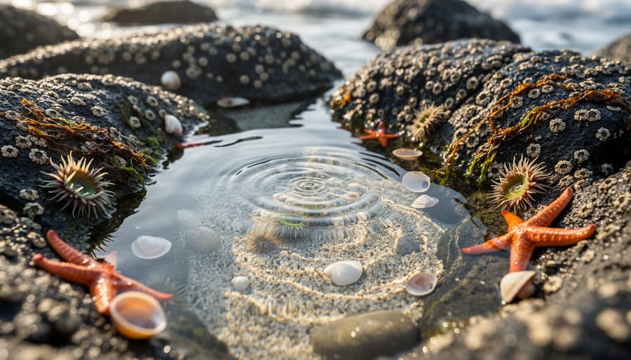 Close-up tide pool on a rocky outcrop with small crabs and anemones