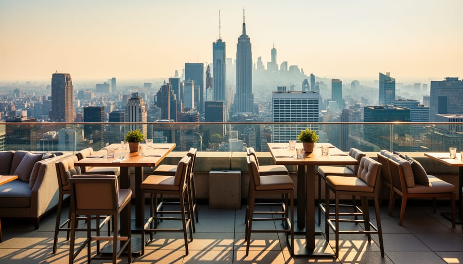 Photographer silhouetted on a rooftop bar balcony looking toward a city skyline at golden hour.