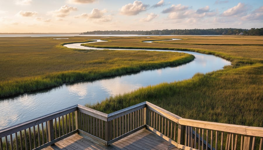 Salt marsh overlook with tidal channels filling during rising tide in golden hour light