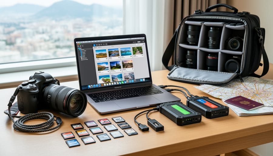 SD cards and a portable SSD stored together in a rugged travel pouch with a USB-C card reader