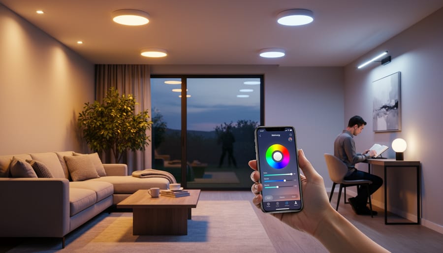 Person controlling smart lighting with a smartphone in a portrait setup