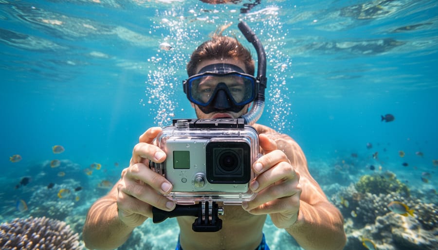 Snorkeler in a tropical reef scene holding a compact underwater camera housing underwater.