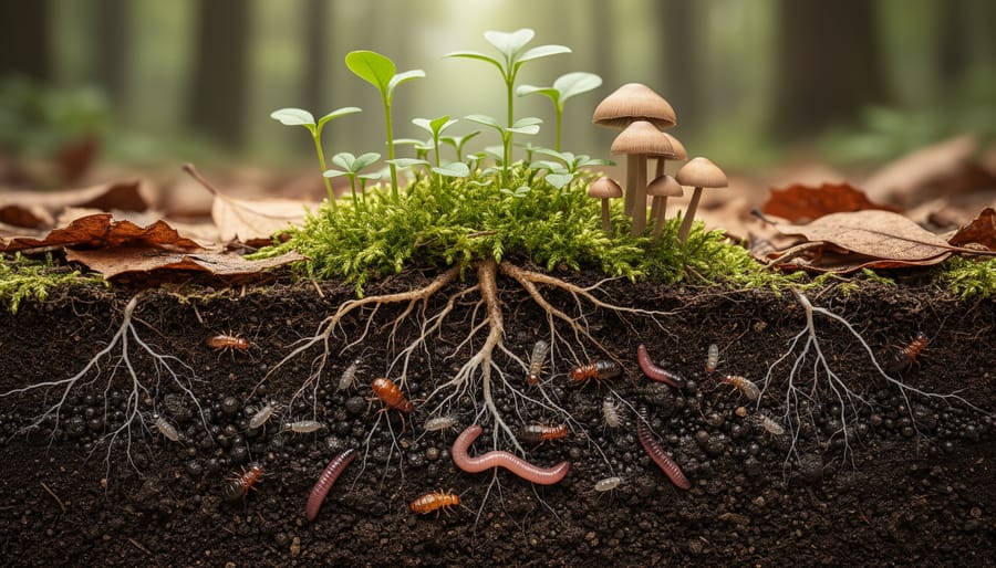 Macro view of earthworm, beetle, and moist soil organisms near roots and leaf litter