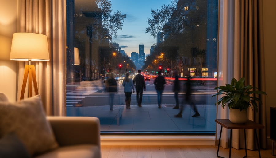 Person inside a warmly lit storefront window while the glass reflects a nighttime street scene