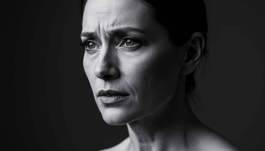 Black and white studio portrait of a young woman with dramatic side lighting and deep shadows emphasizing her facial features.