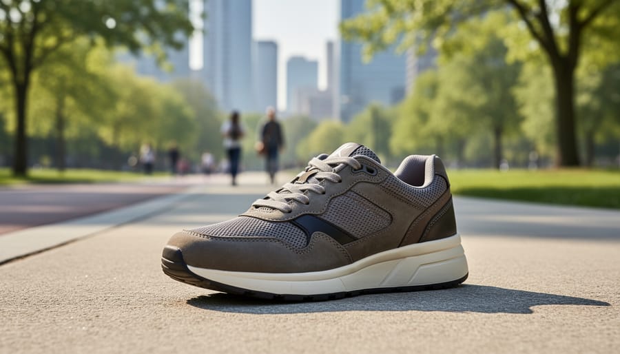 Leather sneaker photographed in a sunlit outdoor lifestyle scene with warm highlights