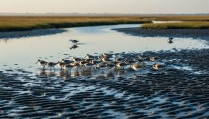 Shorebirds wade through exposed mud and shallow water at low tide, with a flooded salt marsh creating reflective pools in the distance.