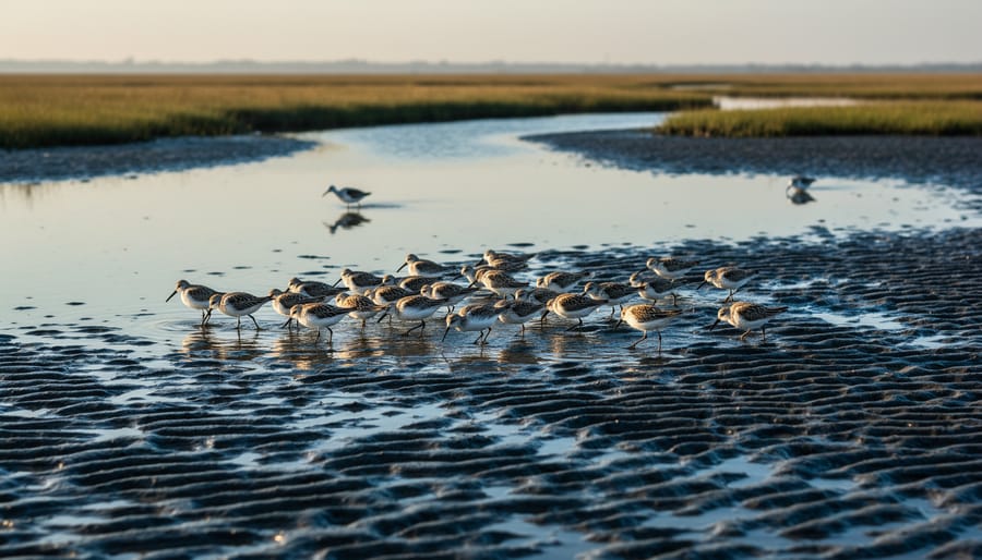 Shorebirds wade through exposed mud and shallow water at low tide, with a flooded salt marsh creating reflective pools in the distance.