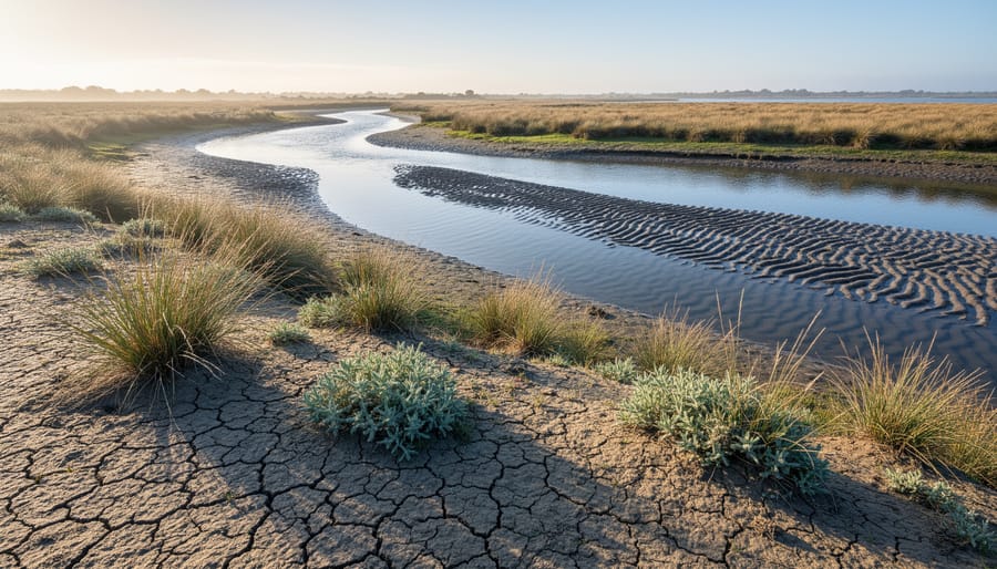 Wide view of Tide Views Preserve shoreline with tidal flats, marsh grasses, and a dramatic horizon at golden hour