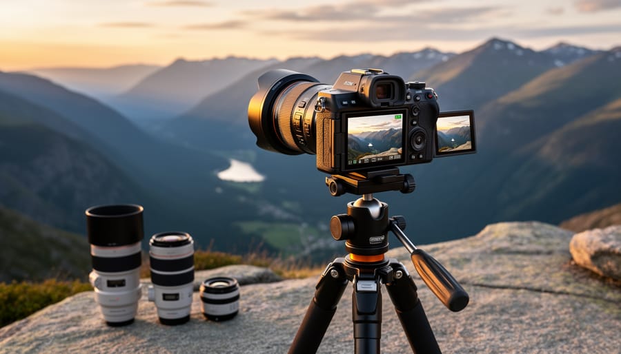 A camera on a tripod set up for landscape travel photography in golden hour light