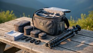 Weather-resistant camera bag, lightweight tripod, microfiber lens cloth, and organized lens pouches and cable wraps laid out on a rugged outdoor surface near a trail.