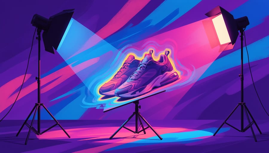 Camera on a tripod photographing the Air Jordan 7 'Infrared' sneaker in a dramatic infrared-style lighting scene.