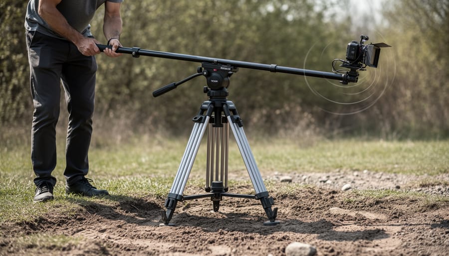 Close-up of a tripod leg foot on uneven gravel and soil suggesting ground-based instability