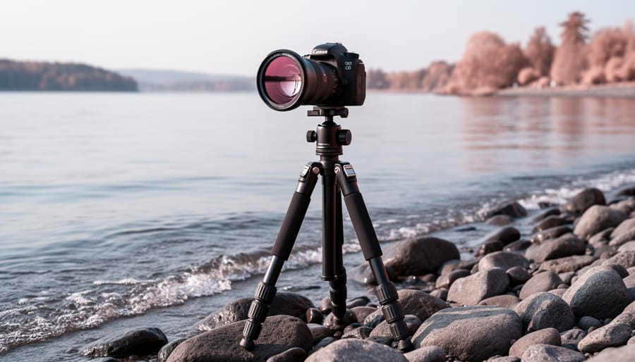 Tripod-mounted camera with an infrared filter on a lens positioned near the shoreline at twilight.