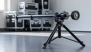 Close-up of a tripod jib with the arm positioned horizontally and counterweight visible, highlighting stability and balance at the pivot and mounting plate.