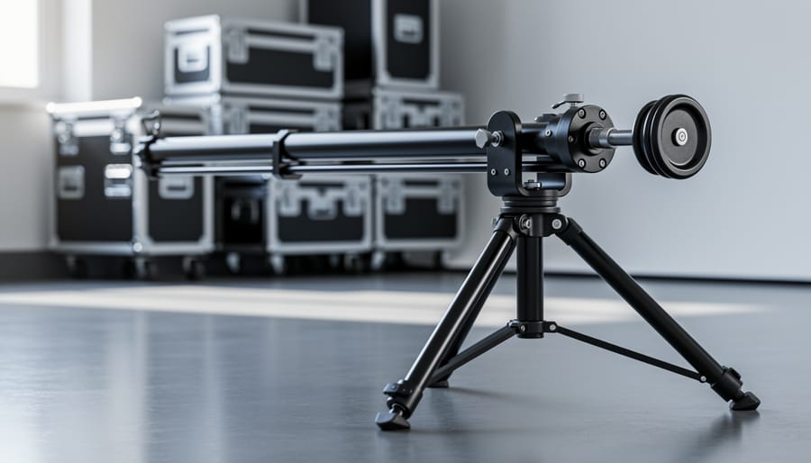 Close-up of a tripod jib with the arm positioned horizontally and counterweight visible, highlighting stability and balance at the pivot and mounting plate.