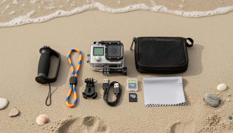 Waterproof underwater camera housings resting on a beach towel with snorkeling accessories nearby.