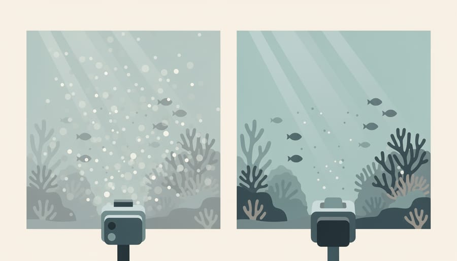 Underwater macro scene showing a fish eye through drifting particles and sunlit water haze near a camera lens opening.