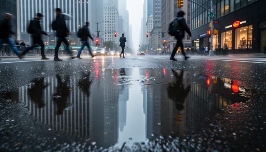 Pedestrians and skyscrapers doubled in a reflective puddle on a modern city street at dusk