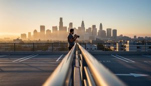 A photographer standing on an open upper deck of a parking garage, framing a city skyline during golden hour with leading lines from the railing toward tall buildings.