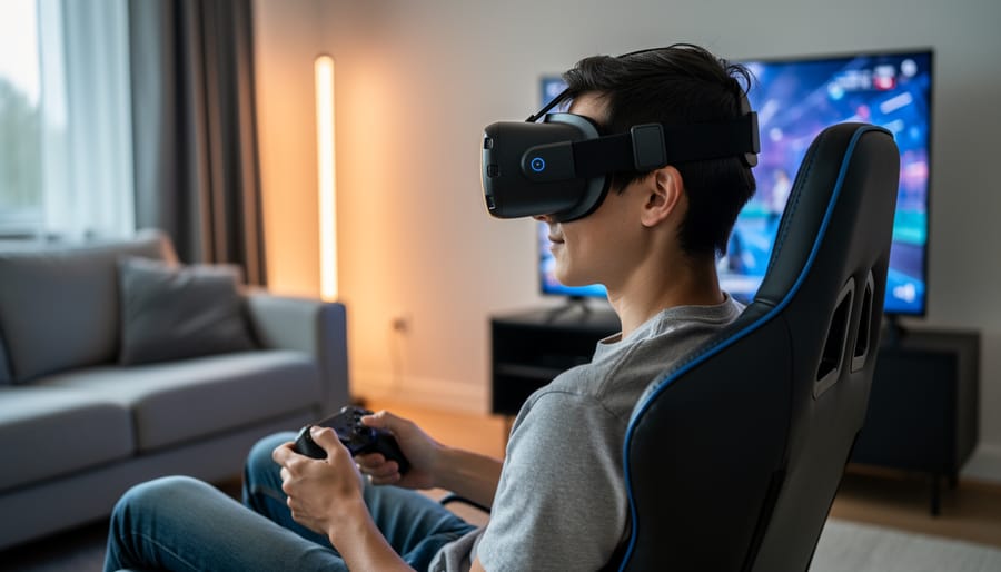 Person wearing a VR headset turning their head in a bright room