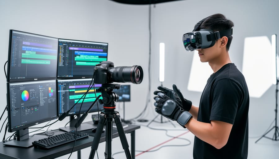 Photographer wearing a VR headset beside a 360° camera setup in a studio